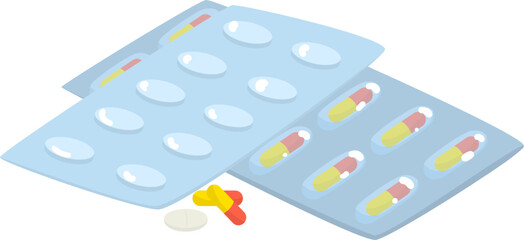 Isometric medication blister packs with pills and capsules. Health care, prescription drugs and pharmaceuticals vector illustration.