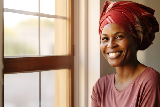 Portrait of a beautiful african woman smiling looking at camera. Cheerful mature lady standing near the window.