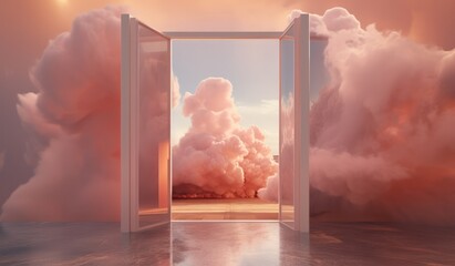 Architectural arch with fluffy clouds. Surreal magical conceptual interior room in pastel colors. Minimalistic background, showcase for advertising. - obrazy, fototapety, plakaty