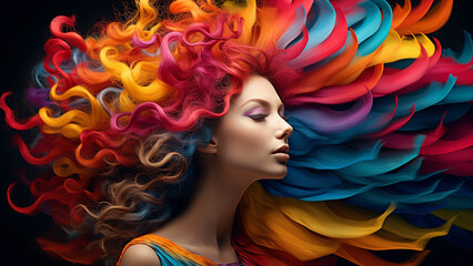 Fototapeta premium Close-up portrait of a woman with bright rainbow hair, hairdressing, coloristics