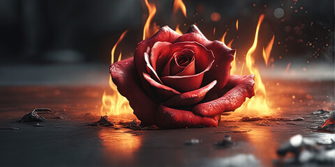 Rose growing out of crack in the concrete and surrounded by flames of fire
