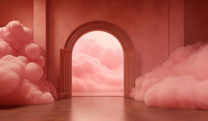 Architectural arch with fluffy clouds. Surreal magical conceptual interior room in pastel colors. Minimalistic background, showcase for advertising. - obrazy, fototapety, plakaty