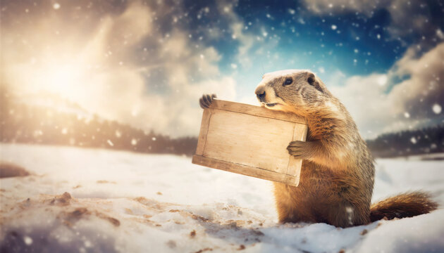 Groundhog day concept with a marmot stands on a snowy winter background holding an old wooden banner with copy space