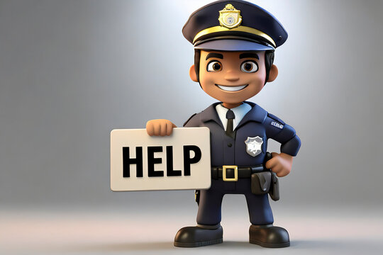 3D Rendered illustration of a cartoon policeman with help sign.