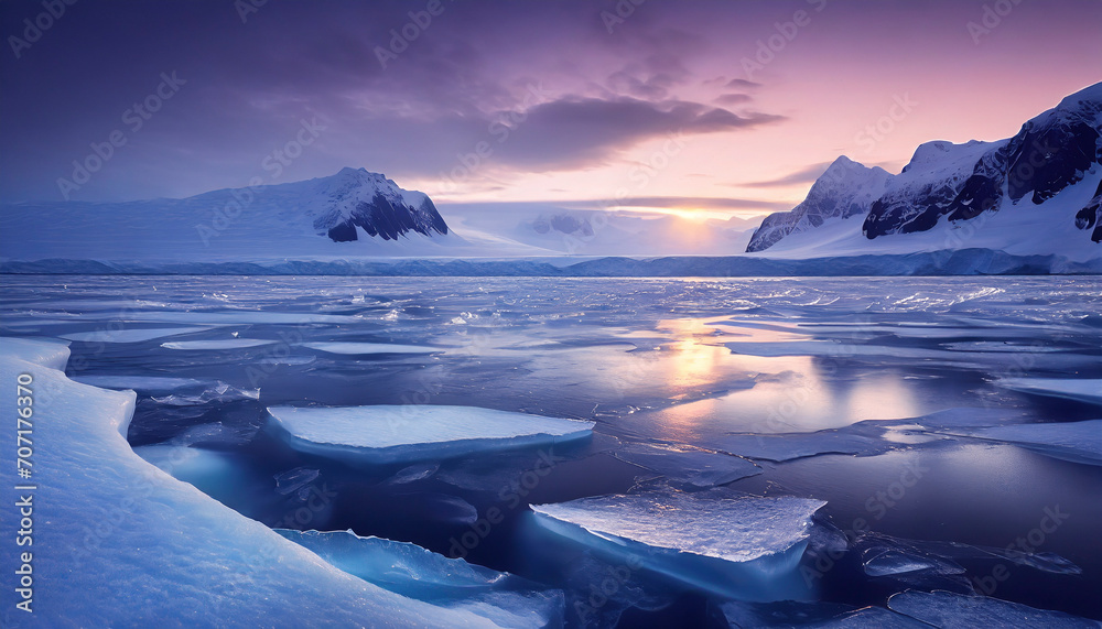 Wall mural Icebergs in Antarctica. Global warming and climate change concept. Beautiful winter landscape at sunset