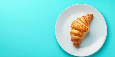  Bakery products baked croissant on white plate banner and place for advertising, Blue background - Powered by Adobe