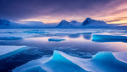 Icebergs in Antarctica. Global warming and climate change concept. Beautiful winter landscape at sunset