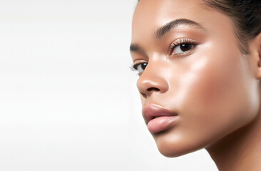 Fototapeta premium Fashion Concept. Closeup portrait of pretty girl in natural makeup glow look with beautiful skin. illuminated with dynamic composition light. sensual, natural, advertisement, copy text space 