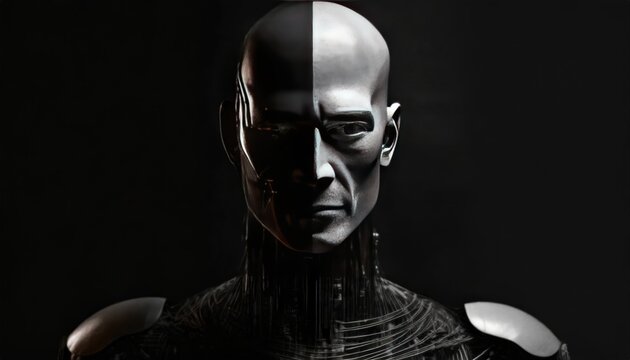 3D image of a full bodied or a man robot, half face of man half face of a robot, mechanical robot that looks like a man, wires of the robot, driving crane, dark, hyper realistic, super detailed, intri