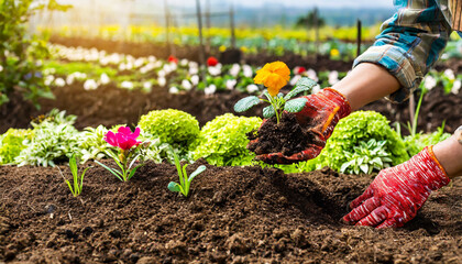 Gardening and agriculture concept - Close up of gardener hand planting young plant in fertile soil. - Powered by Adobe