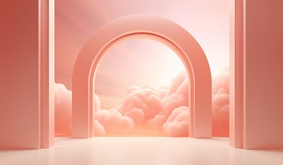 Architectural arch with fluffy clouds. Surreal magical conceptual interior room in pastel colors. Minimalistic background, showcase for advertising.