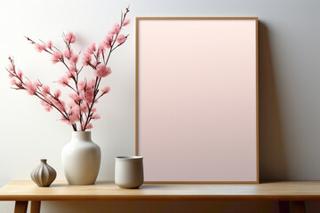 Fototapeta na wymiar Craft a tranquil scene with an empty frame against a soft background, offering a versatile space for your text. Visualize the seamless integration and minimalist elegance in this design concept.