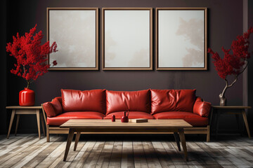 Craft a warm setting with brown, white, and red sofas, complemented by a wooden table and framed by a blank empty frame. 