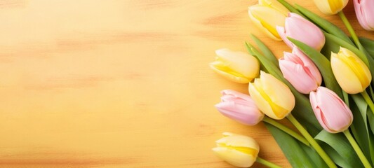 Mother's Day, spring, easter, valentine's day or other celebration holiday concept greeting card temoplate - Pink bunch bouquet of tulips on yellow table texture background, top view