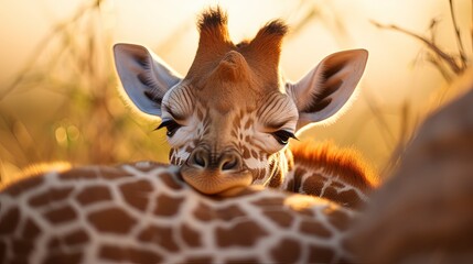Adorable Baby Giraffe calf taking a nap in the morning hour, showcasing the innocence of wildlife in a tender moment.  AI-Generated