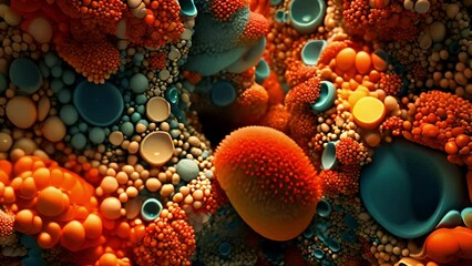 Clusters of textured growing fungus cells in shades of blue and orange fill the frame creating an abstract organic composition