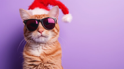 Ginger cat wearing the Christmas hat and sunglasses on the purple background, Christmas holiday party concept,