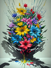 Colorful Ultra Modern Dramatic Splash Effect Oil Painting, Special 3D Style, Floral Arrangement, created with Generative AI technology