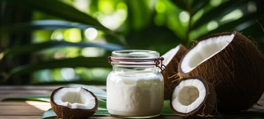 Coconut oil with coconuts and tropical leaves in the background. Coconut oil in a jar. Horizontal photo. For banners, posters, advertising.