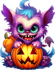 Scary but adorable Halloween furry monster babies in bright colors, on a transparent background, for t-shirt or sticker designs ready to print
