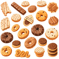 Different cookie cake isolated vector illustration. Tasty holidays traditional sugar cakes food cookie isolated on white. Jam, chocolate and cream on a png  background