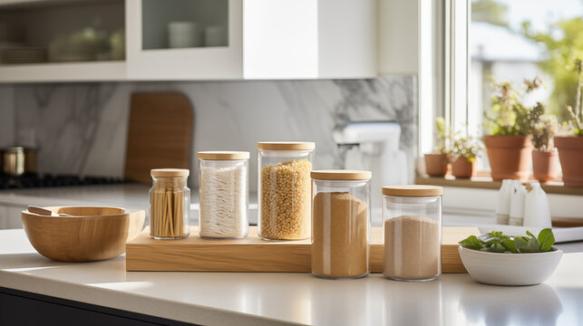 Glass Storage Jars for Pasta, Flour, and Ingredients in Bright White Kitchen