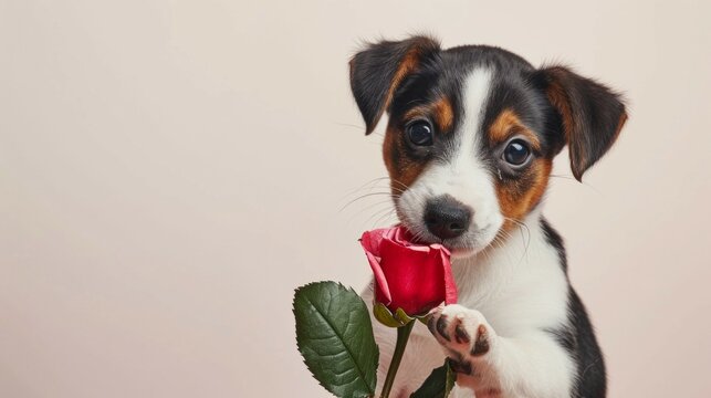 Funny portrait cute puppy dog border collie holding red rose flower in mouth isolated on pink background. Lovely dog in love on valentines day gives gift