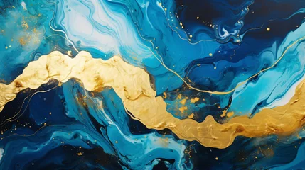 Papier Peint photo Cristaux Luxurious golden fluid art with blue