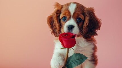 Funny portrait cute puppy dog border collie holding red rose flower in mouth isolated on pink background. Lovely dog in love on valentines day gives gift - obrazy, fototapety, plakaty