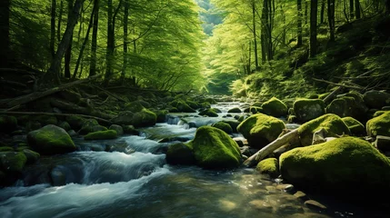 Fotobehang river with mossy rocks in the middle of a tropical forest © nomesart