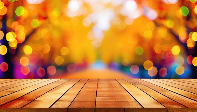  The empty wooden table top with blur background of autumn. Exuberant image for display 