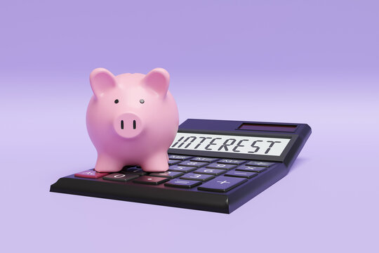 Pink piggy bank standing on a calculator on purple background. Illustration of the concept of interest rate of deposit savings