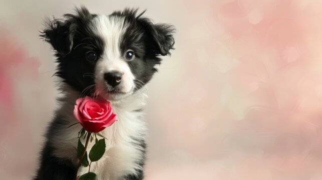 Funny portrait cute puppy dog border collie holding red rose flower in mouth isolated on pink background. Lovely dog in love on valentines day gives gift