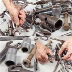 Collage with dirty hand of mechanic with tools and details for repairing machines in workshop.