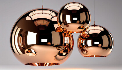 Different modern streamlined mirror copper chandeliers. Bubble metal copper shade pendant, Ai generated image.
