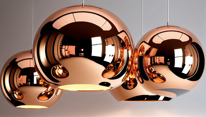 Different modern streamlined mirror copper chandeliers. Bubble metal copper shade pendant, Ai generated image.