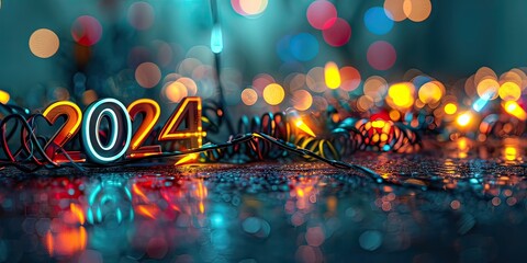 A vividly lit '2024' neon sign with a multicolored bokeh light effect.