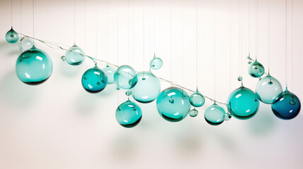 A cascade of liquid glass spheres in shades of azure, aqua, and turquoise, suspended in midair against a pristine white background.