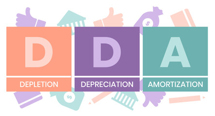DDA - Depletion Depreciation Amortization acronym. business concept background. vector illustration concept with keywords and icons. lettering illustration with icons for web banner, flyer - obrazy, fototapety, plakaty