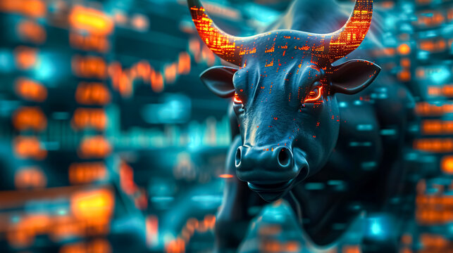 Stock or forex market chart screen and bull. Trading chart and candlestick chart suitable for financial investment concept. 3D, tone image double exposure. finance background.