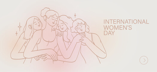 8 march, International Women's Day. Vector templates for card, poster, flyer and social media design. Women stand together and support each other in line art or outline style. Girl hugs. Sisterhood.