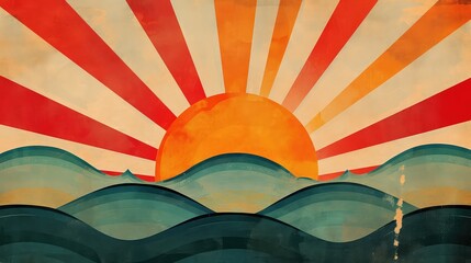 Golden sunrise over calm ocean waves. Bright and colorful illustration for a peaceful morning mood - obrazy, fototapety, plakaty