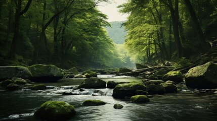 river with mossy rocks in the middle of a tropical forest - Powered by Adobe