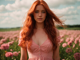 Female Model Showcasing Very Long Red Hair and Freckles, Adorned in a PinkSpring Dress, Posing in a Meadow Bursting with Flowers