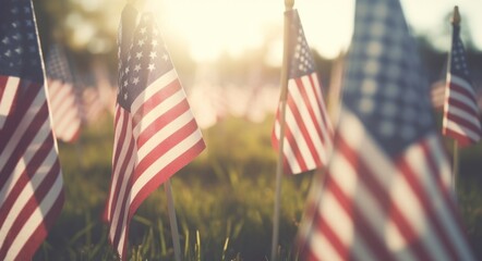 American Flags Adorn Military Graveyard Scene - obrazy, fototapety, plakaty