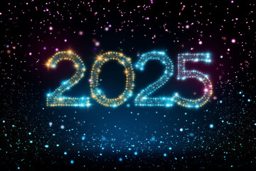 The word 2025 written blue gradient neon light glowing in the dark. Concept for new year 2025. Newyear 2025