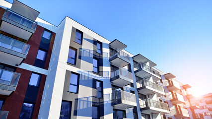 Residential area with modern apartment building. Facade of a modern apartment building.