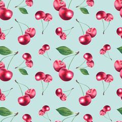 Watercolor seamless pattern with ripe, juicy, red cherries. A fruit and garden background with hand-drawn watercolor illustrations. For designers, postcard printing, fabrics.