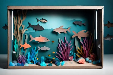 Fototapeta na wymiar A DIY shadow box theater crafted from an old shoebox, depicting a magical underwater scene with sea creatures.