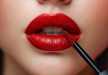 Close-up shot of beautiful woman's lips with red lipstick and mascara. 
